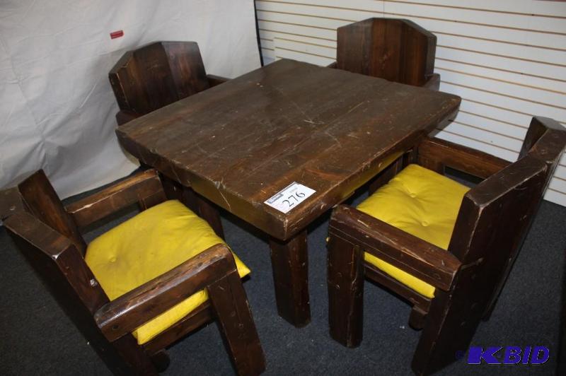 1970s Americana Style Rustic Wooden Table w4 Matching Yellow Upholstered Chairs