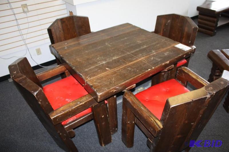 1970s Americana Style Rustic Wooden Table w4 Matching Red Upholstered Chairs