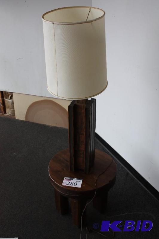 1970s Americana Style Rustic Wooden Table wOrnate Lamp Riveted or Pounded Metal wWhite Shade