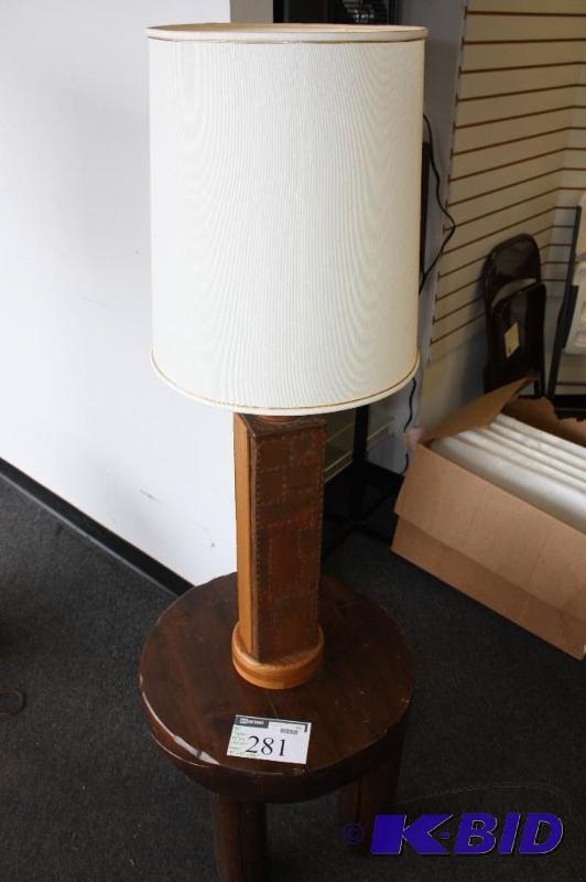 1970s Americana Style Rustic Wooden Table wOrnate Lamp Riveted or Pounded Metal wWhite Shade