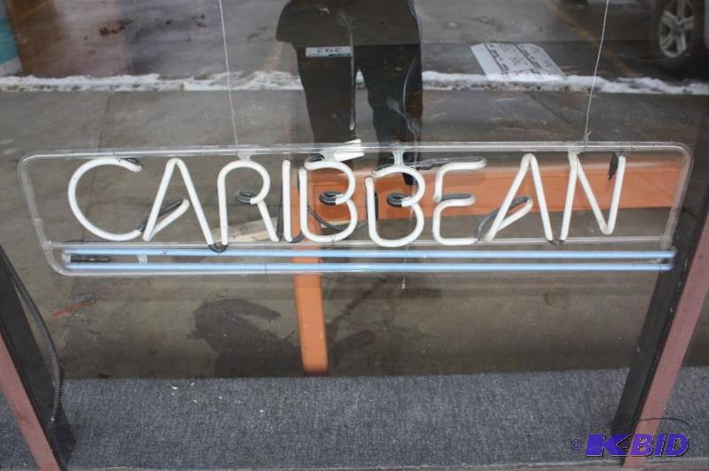 Carribean Neon Sign Carribean Lettering wBlue Underlining Lights