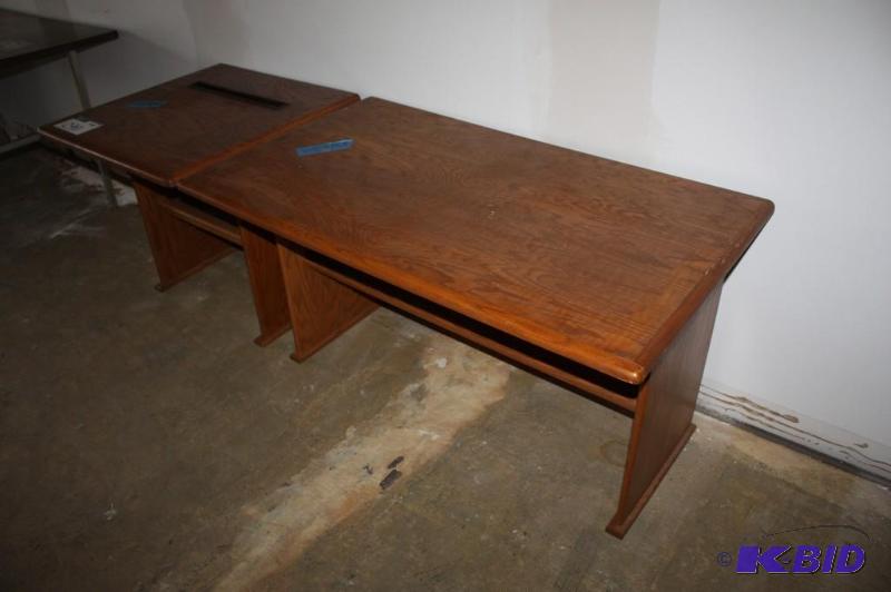 Lot of (2) Wooden Desks wShelves Wooden Top One has Cord Slot.