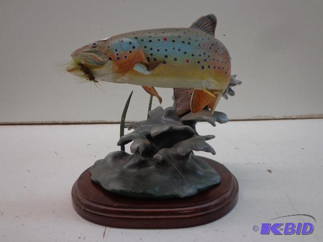 lot 10 image: Noble Brown Trout Sculpture   Dark Wooden Bas...
