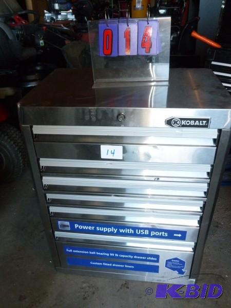lot 14 image: Kobalt 6 drawer stainless roller cabinet. Has...
