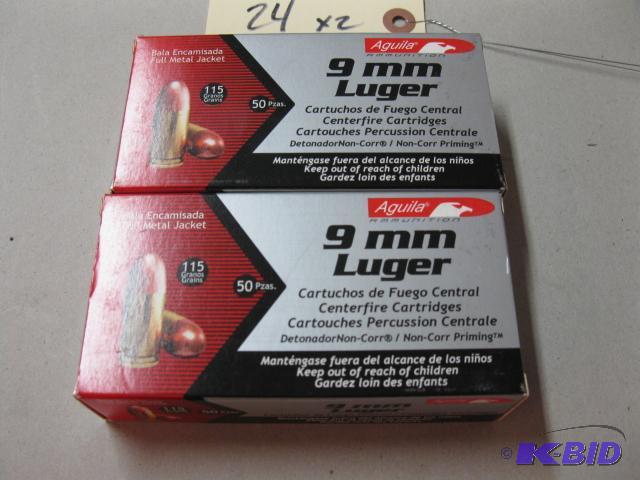 lot 24 image: Aguila 9mm, 115 gr, 2 boxes, 100 rounds...