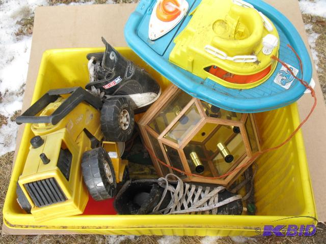 Yellow tote with vintage toys and modern skat...