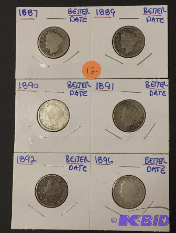 Six Vintage Liberty Head Nickels