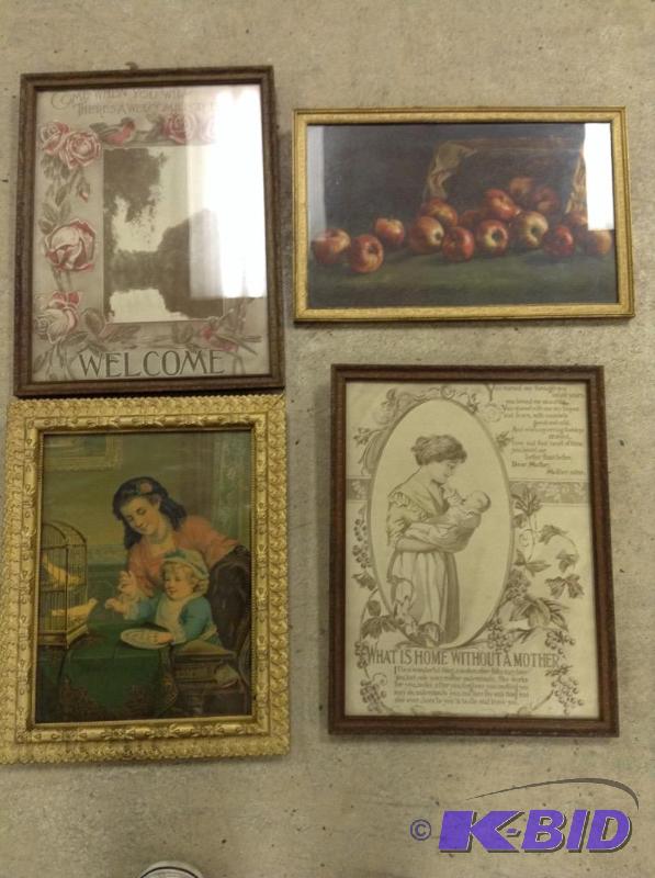 lot 109 image: Lot of four vintage wall pictures-apple still, Home Without A Mother, Child and Motherbird Welcome.