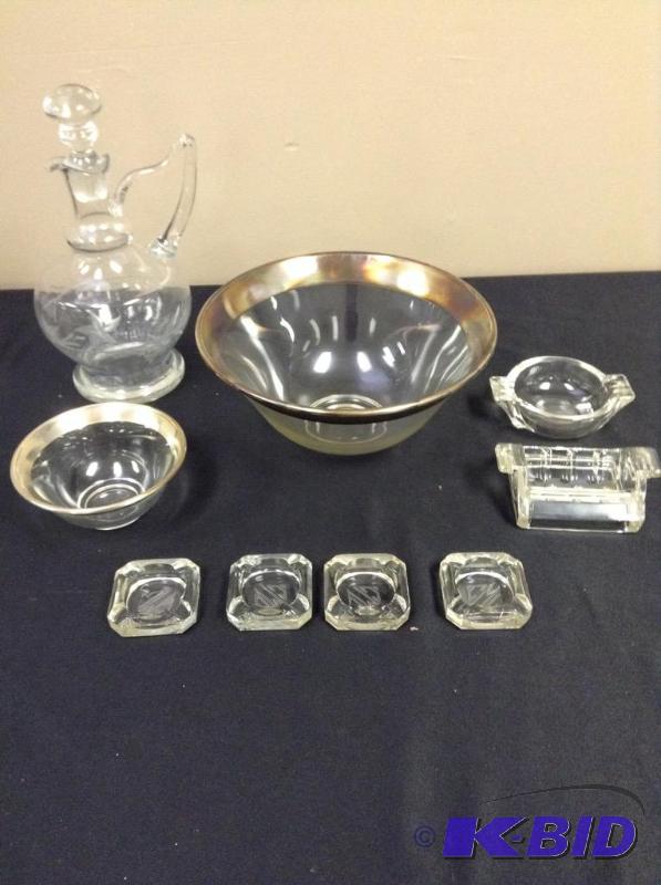 lot 115 image: Lot vintage of glass silver flash banded bowls, wine decanter, CLM monogram ashtrays and more