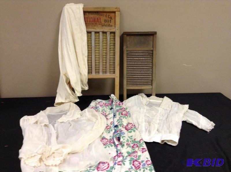 lot 118 image: Lot of vintage clothing and two washboards includes bloomers, blouses, and skirt