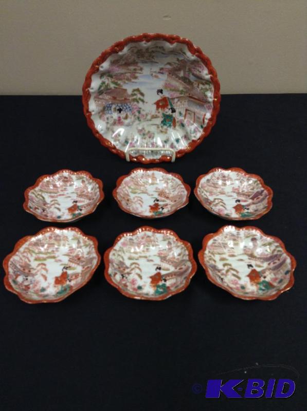 lot 119 image: Vintage Japanese bowl set with burnt orange rims