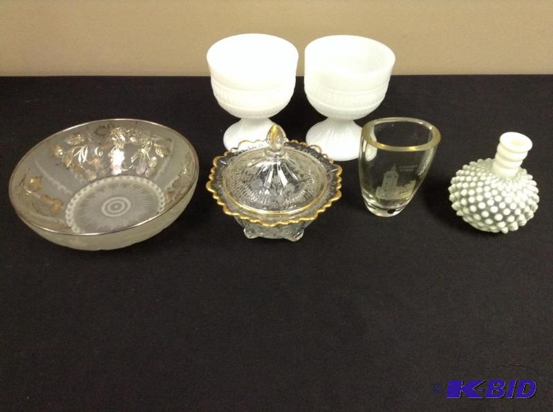 lot 123 image: Lot of vintage glassware, milk glass, Fenton vase, crystal candy dish, frosted bowl w silver motif