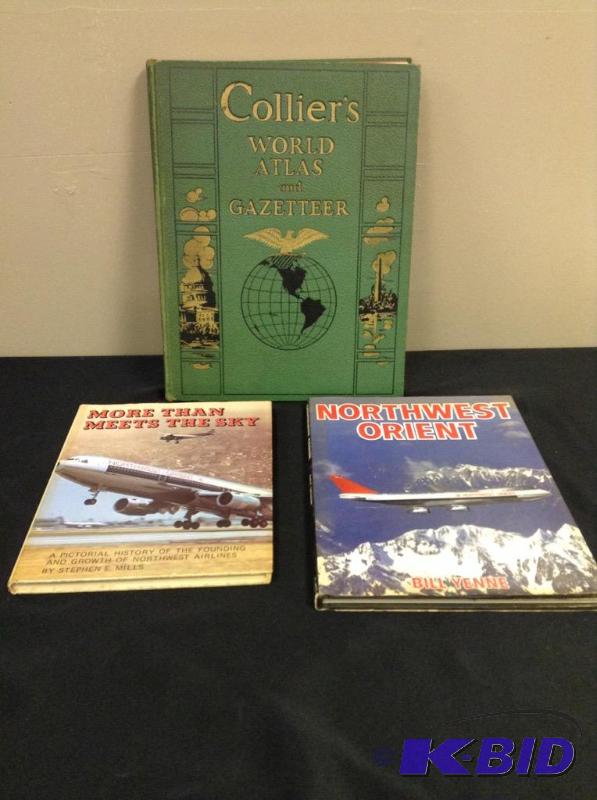 lot 2 image: Lot of vintage books-two are pictorial history of Northwest Airlines and a Colliers World Atlas