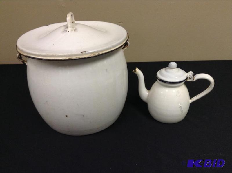 lot 28 image: White Enamelware Covered Chamber Pot & Teapot