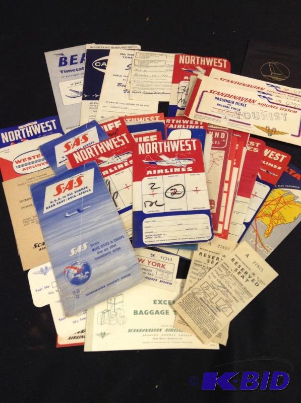lot 46 image: Lot of vintage travel document. Tickets, etc from Northwest Orient, Capital, Scandinavian, airlines