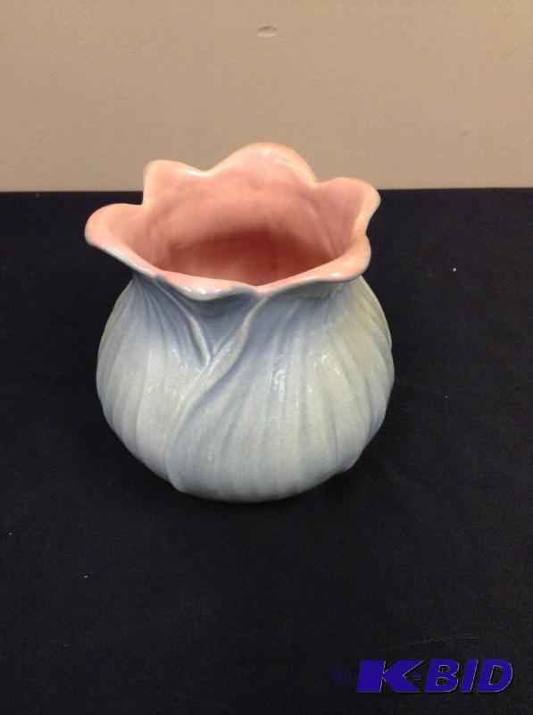 lot 6 image: Red Wing blue and pink tulip vase