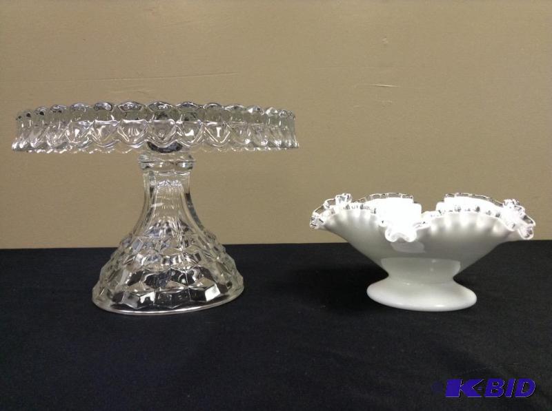 lot 65 image: Vintage Fostoria cake plate-cube pattern and Fenton Silver Crest bowl