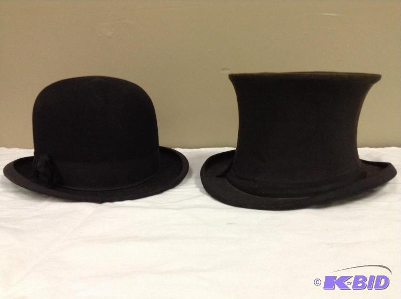 lot 7 image: Lot of two vintage gentlemens hats, bowler and collapsible top hat