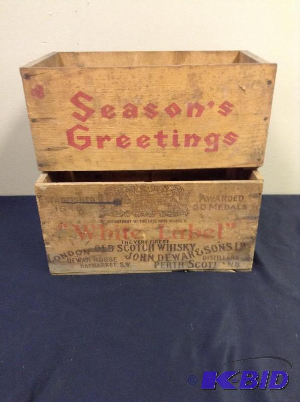 lot 75 image: Lot of two wood crates-White Label Scotch Whiskey and Seasons Greetings