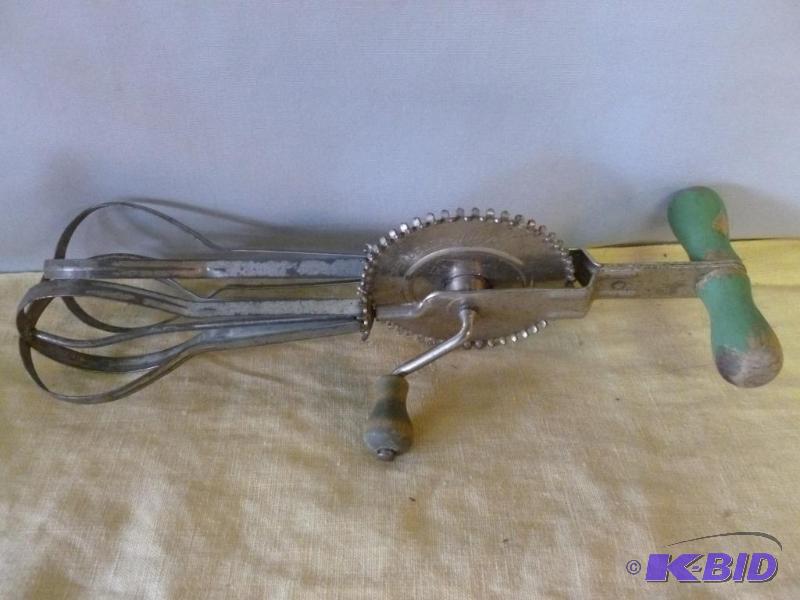 lot 39 image: Vintage A&ampJ green wood handled egg beater...