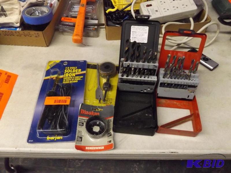 lot 275 image: Misc. tools - new  solder iron, toolshop lock set, two drill bit sets
