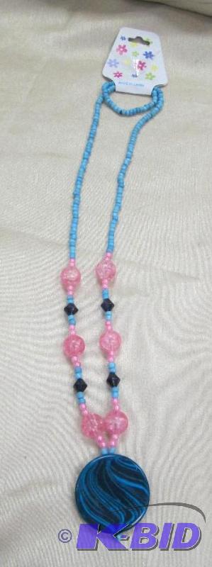 One necklace that is little blue, pink, and b...