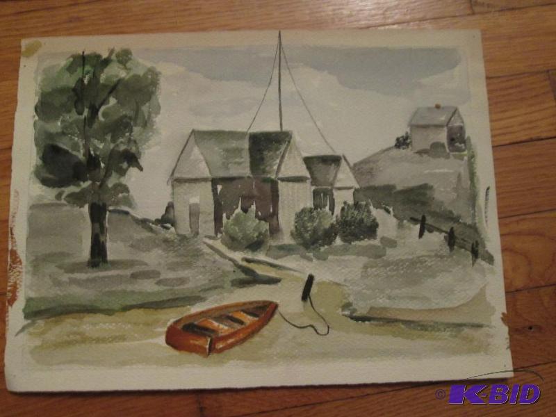 house and property sketch with boat in river ...