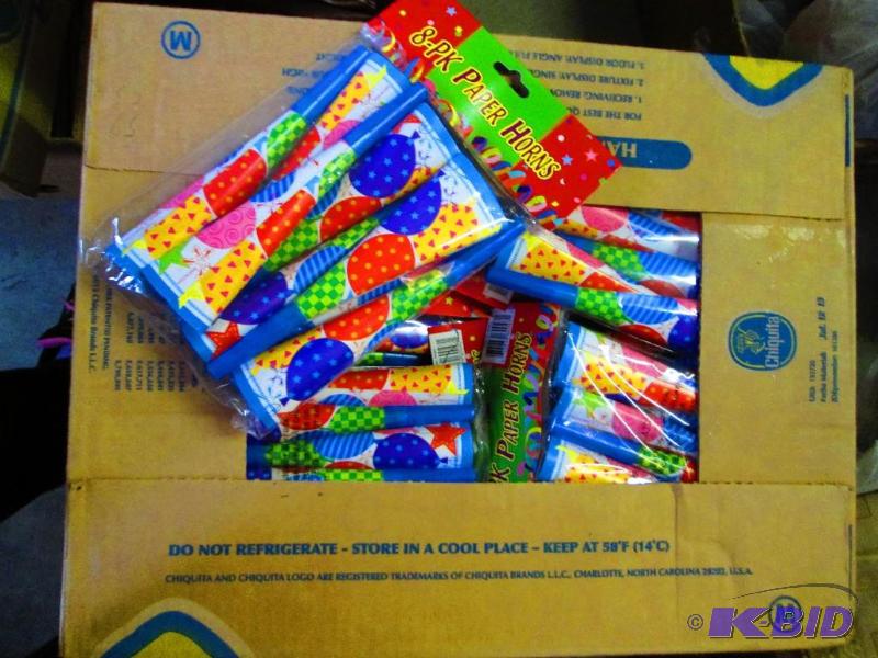 banana box full of 8-pack paper horns...