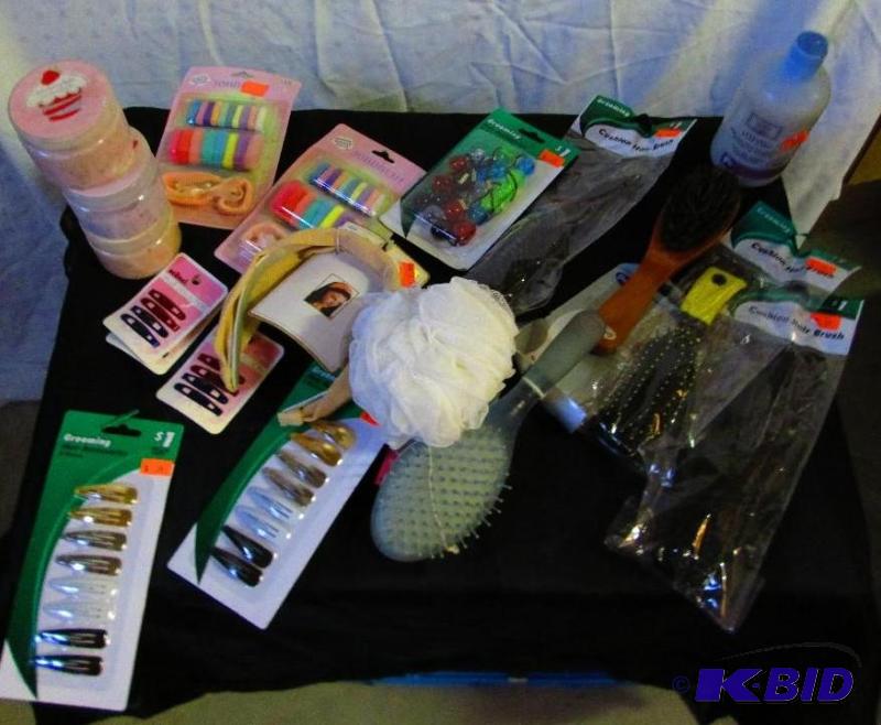 mixed lot of hair supplies, brushes, clips, p...