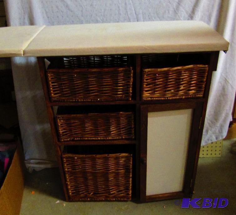 ironing board on wiker stand with drawers...