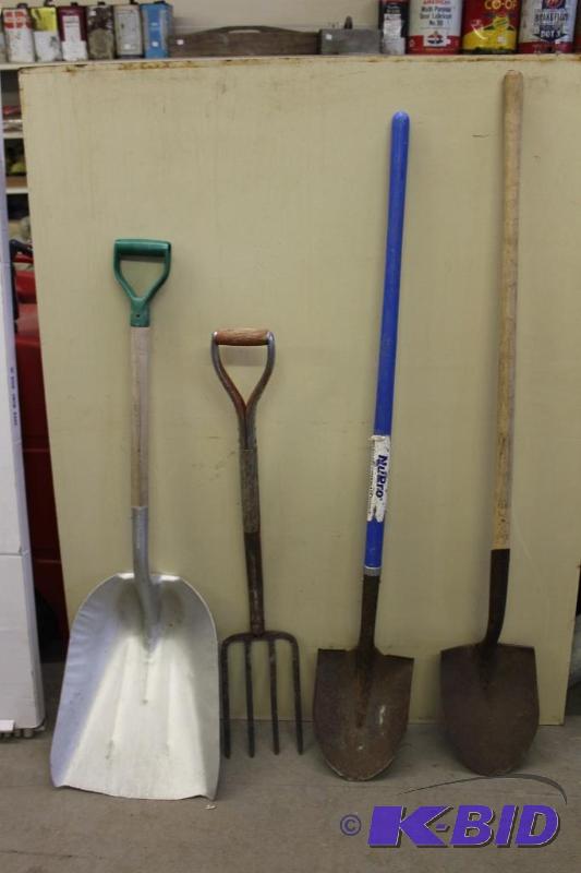 lot 219 image: Two Spades, Grain Shovel and Pitch Fork ...