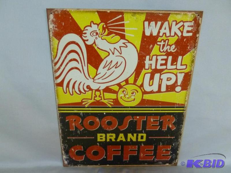 lot 62 image: Collectible Rooster Brand Coffee Metal Sign T...
