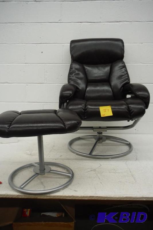 lot 37 image: Flash Furniture Contemporary Brown Leather Recliner and Ottoman with Metal Base, New, not assembled