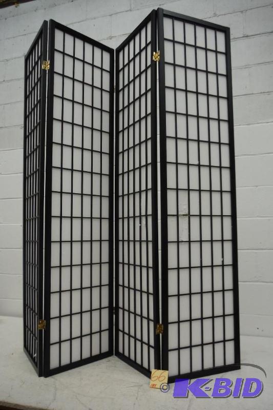 lot 67 image: Coaster Oriental Style 4-Panel Room Screen Divider, Black Framed, Has two holes and two broken grates otherwise New
