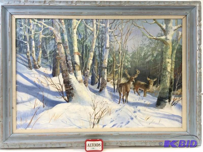 lot 13 image: Large Original Oil Painting of Deer in Winter - Signed V. Lefevere