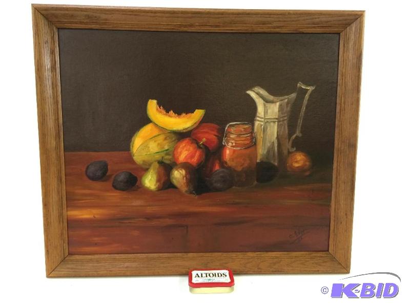 lot 15 image: Attractive Original Oil Still Life of Fruit & Tankard - Signed D. Filipe 1966