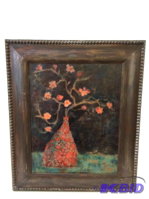 lot 30 image: Original Oil on Canvas - Signed C. H. - Pink Blossoms in Red Vase