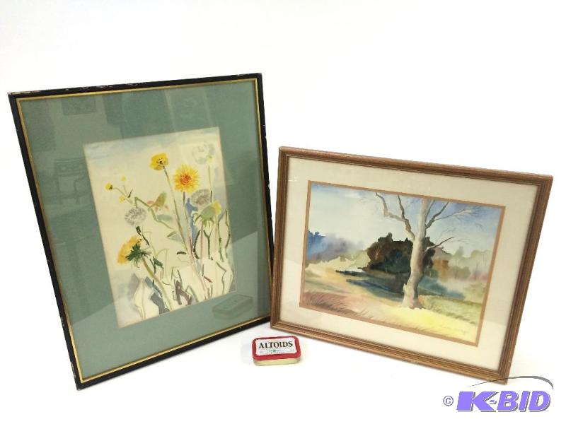 lot 8 image: Two Original Signed Watercolors Tree & Dandelions