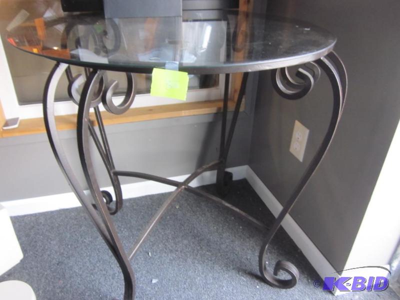 Wrought iron and glass round side table.  &nb...