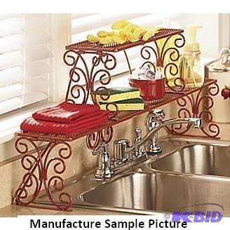 lot 114 image: Two Tier Red Scrolled Metal Over the Sink She...
