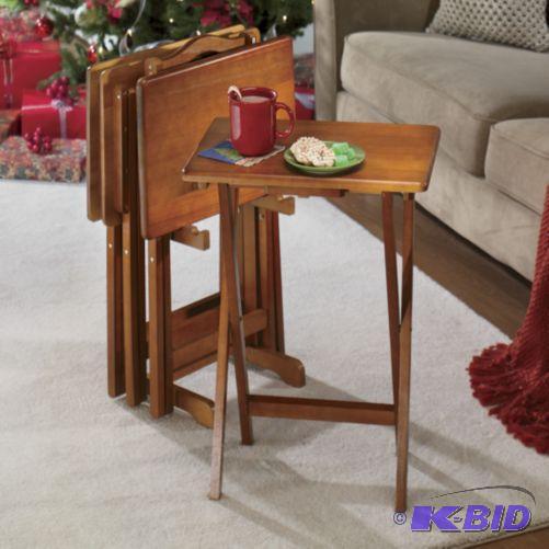lot 62 image: Five Piece Tray Table Set - Oak -&nbspConven...