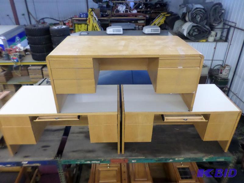 lot 18 image: Lot Of (3) Wooden Office Desks, (2) Have Cent...