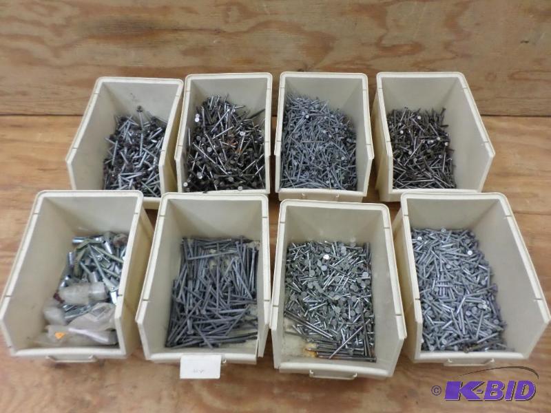 lot 60 image: (8) Bins Of Misc Nails, Screws, Etc...