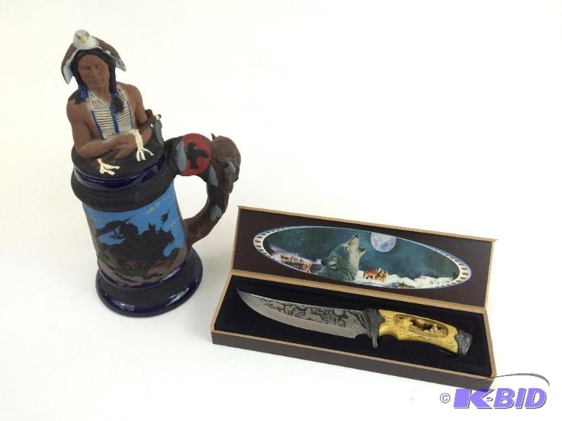 Wolf Fantasy Knife  in Box & Large Native American Mug - Signed