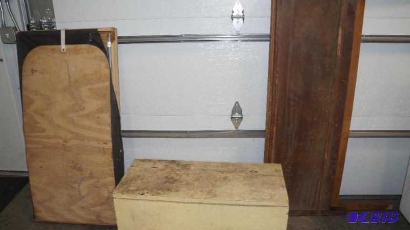 lot 147 image: Wood Box with Hinged Lid, Full Size Bed & Portable Fish House