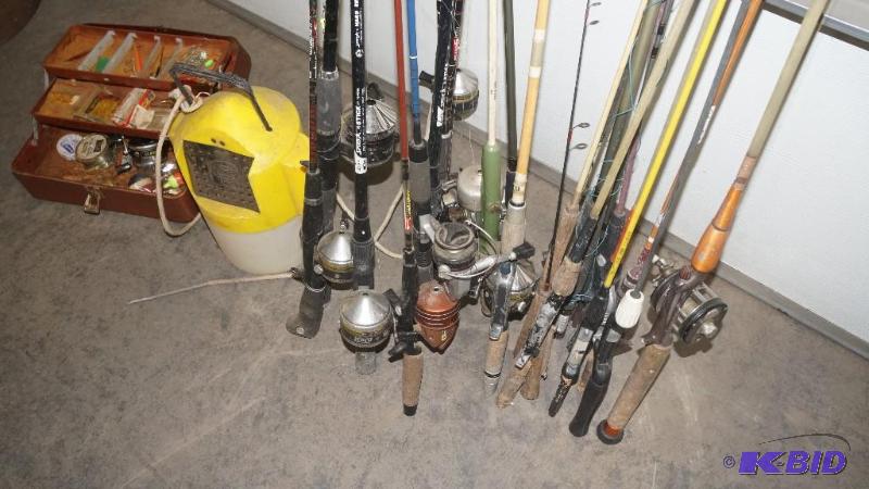 lot 52 image: Lot of Fishing Rods, Minnow Bucket, & Tackle Box with all Contents