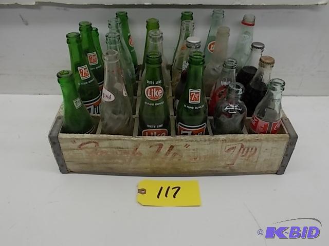 lot 117 image: (24) Asstd Pop Bottles with Wood 7 Up Bottle...