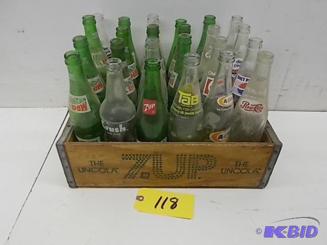 lot 118 image: (24) Asstd Pop Bottles with Wood 7 Up Bottle...