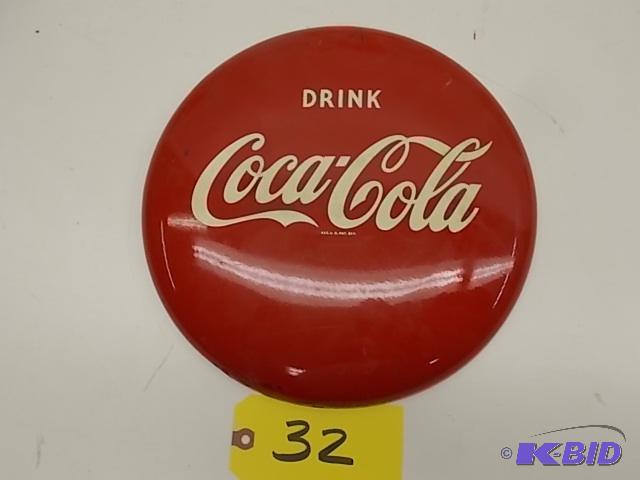 lot 32 image: Coca-Cola Porcelain Button Sign, 12"...