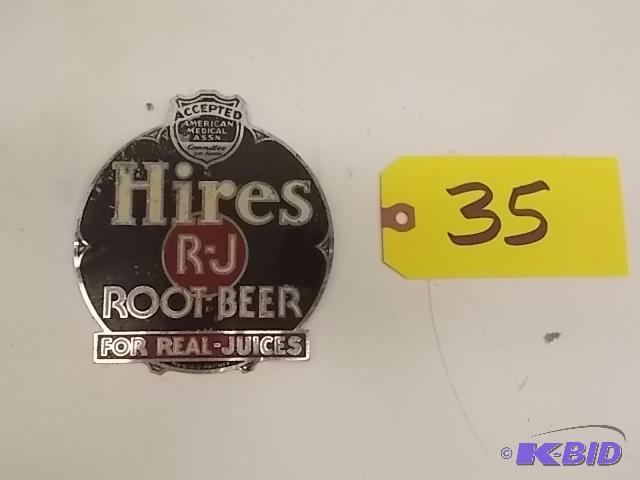 lot 35 image: Vintage Hires Root Beer Embossed Sign, 5"...